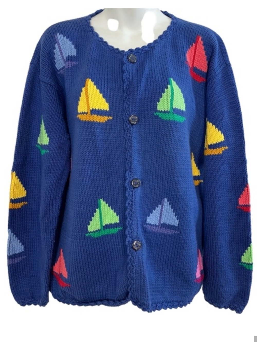 Vintage REY WEAR Hand Knit Blue Sailboat Cardigan Sweater M/L 100% Cotton